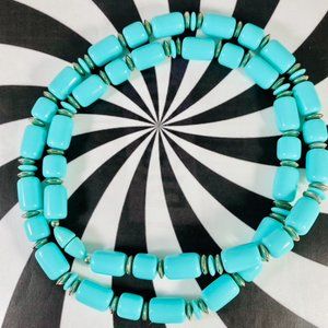 Vintage High end Lucite - glass? aqua barrel bead necklace screw clasp